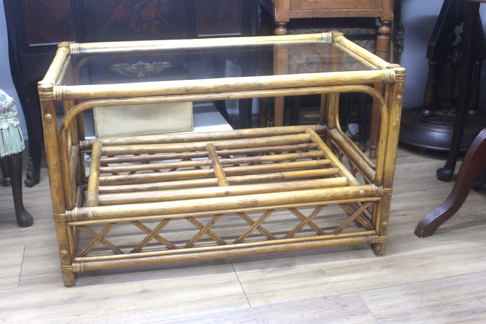 Vintage Coffee Table Bamboo Rattan Glass Top Rectangle Oriental Boho Retro