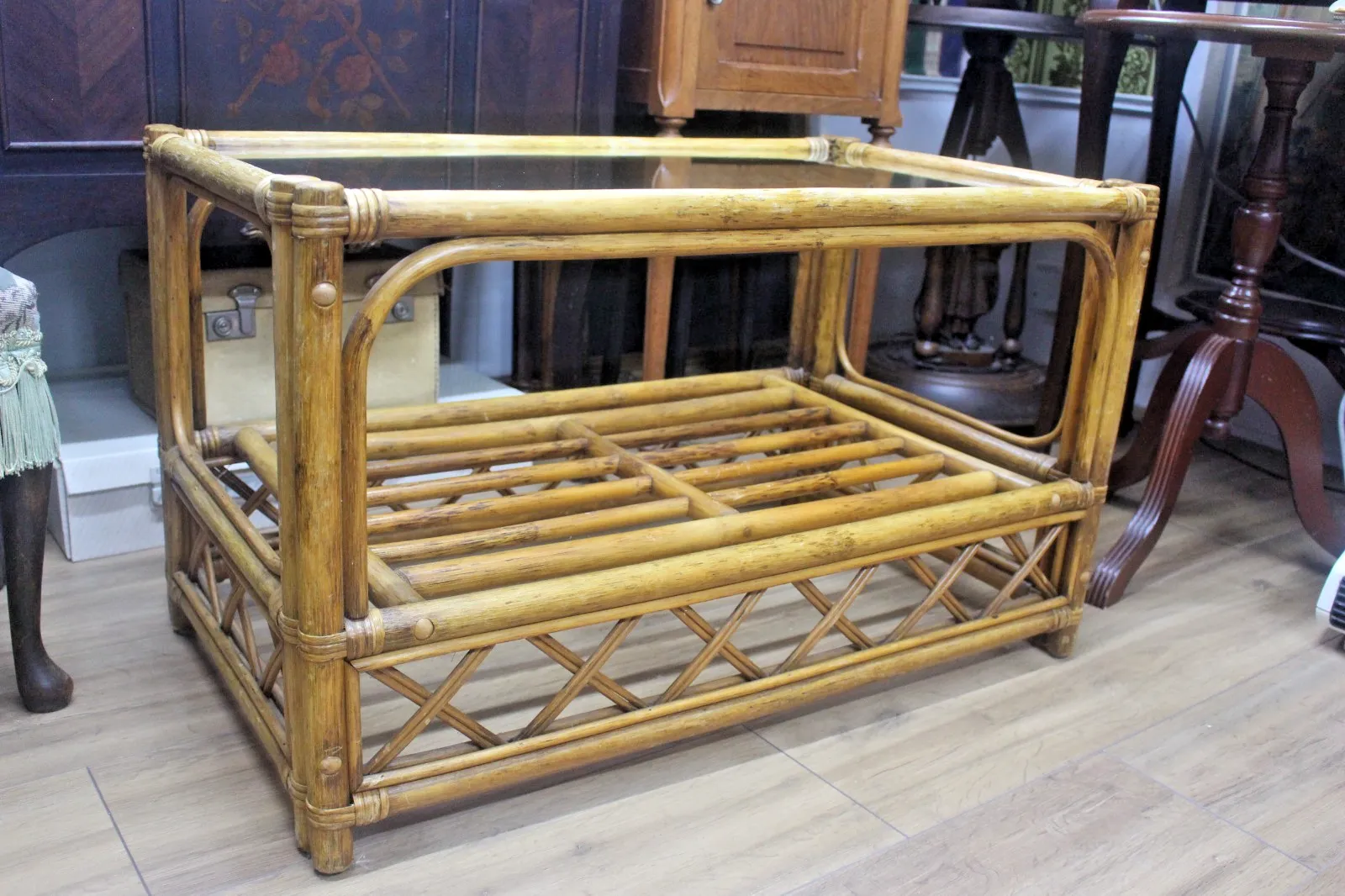 Vintage Coffee Table Bamboo Rattan Glass Top Rectangle Oriental Boho Retro photo furniture