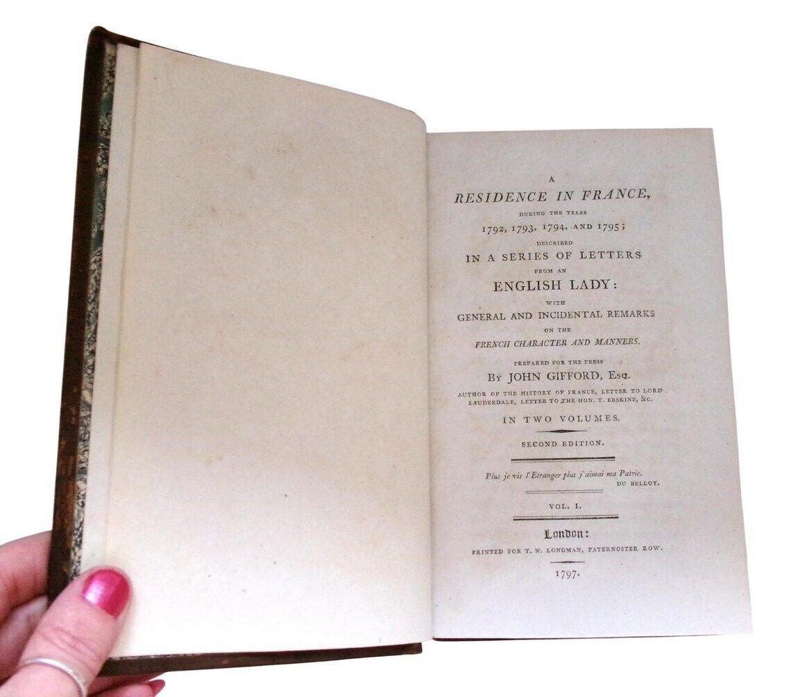1797 Antique France History A Residence In France Full Leather Book Set 2 Volumes French Revolution photo for sale