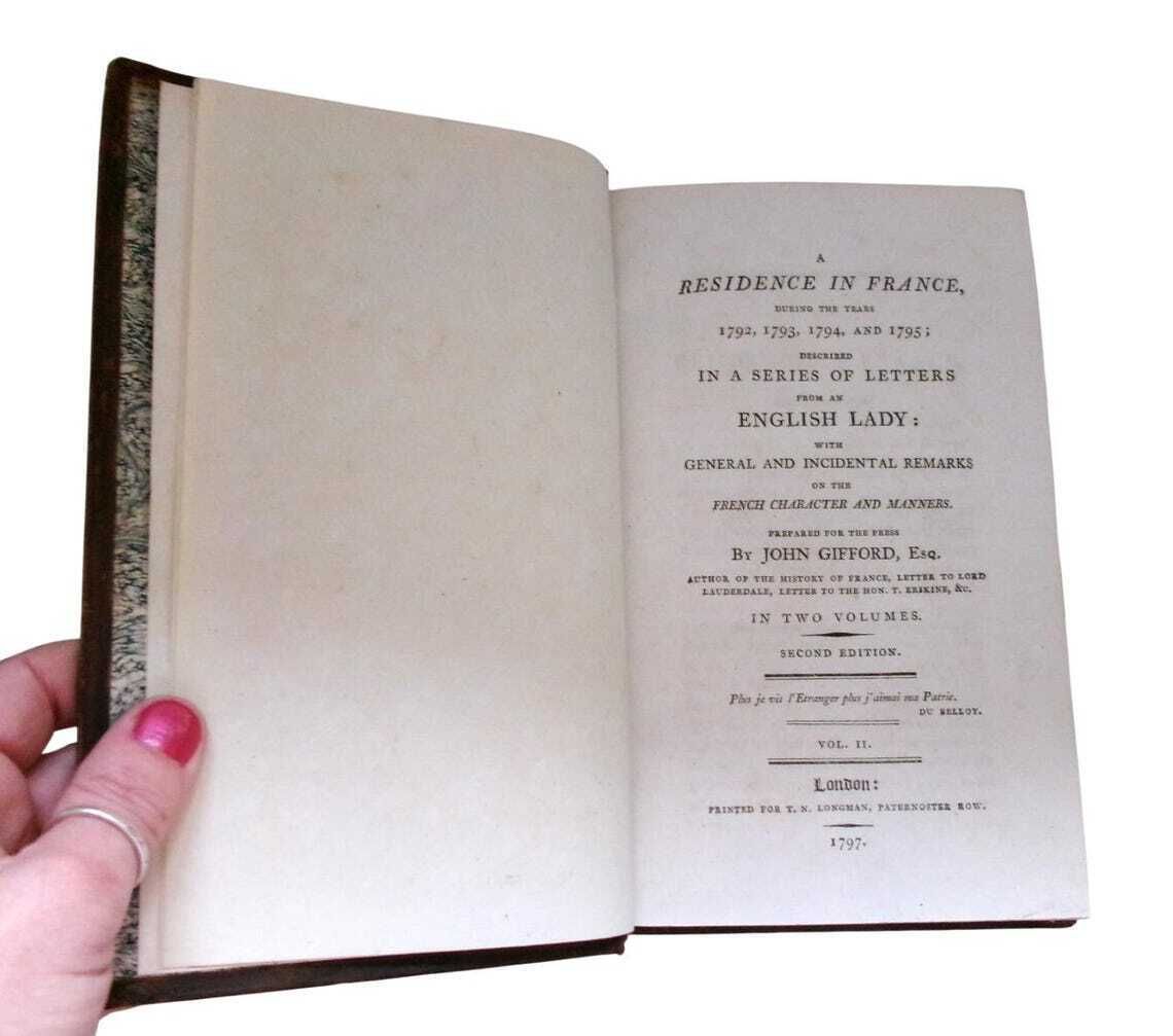 1797 Antique France History A Residence In France Full Leather Book Set 2 Volumes French Revolution photo vinterior