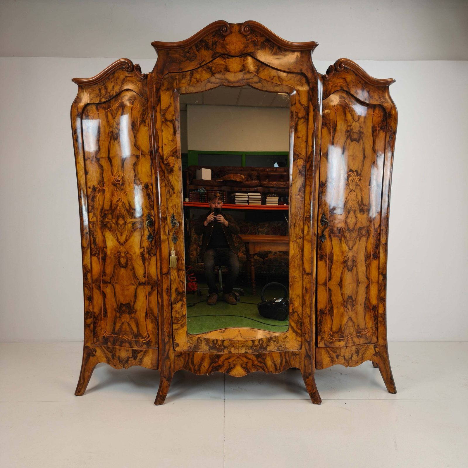 Large Antique Italian Armoire / Wardrobe – Burl Walnut, Bombé Shape photo furniture