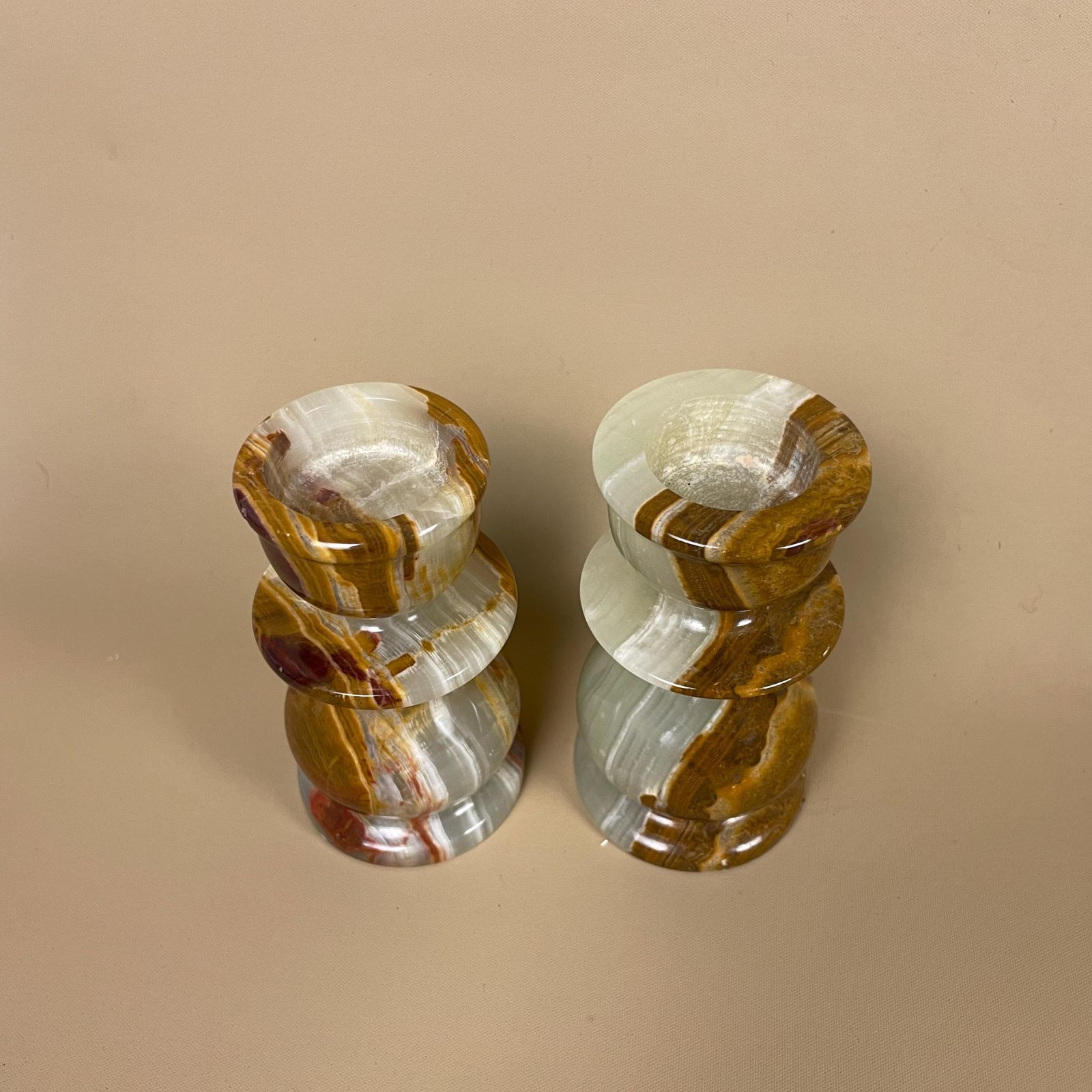 Pair Of Onyx Marble Stone Candlestick Candle Stick Vintage Column Taper Dinner Candlesticks Round Base Classic Pillar Green Brown Marbled photo 84.0
