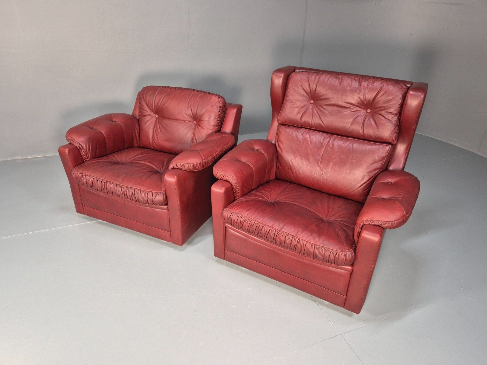 2 Vintage Danish Lounge Chairs Burgundy Leather 1980s Retro Mcm Eb10329 Mnor photo buy
