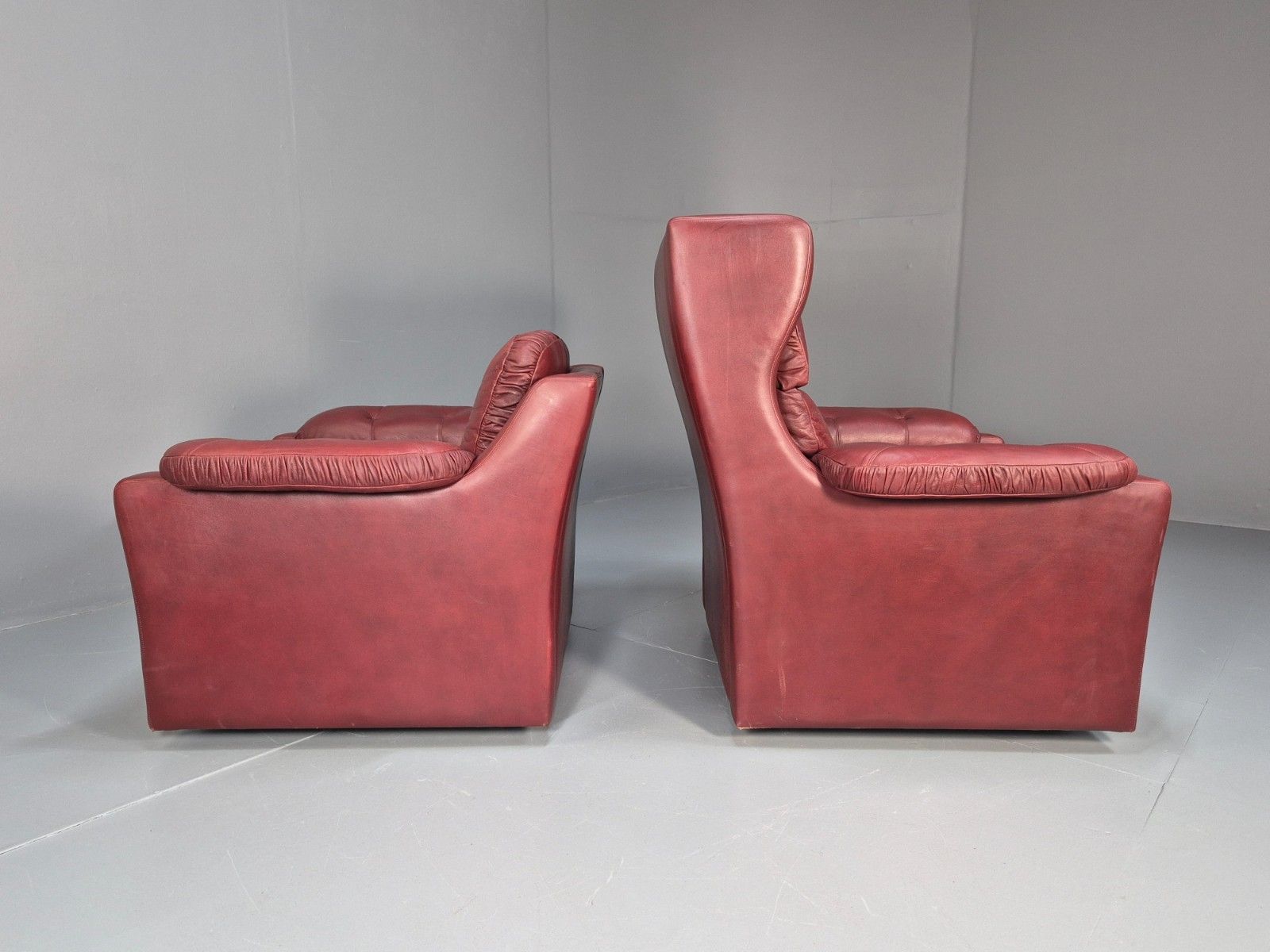 2 Vintage Danish Lounge Chairs Burgundy Leather 1980s Retro Mcm Eb10329 Mnor photo vintage