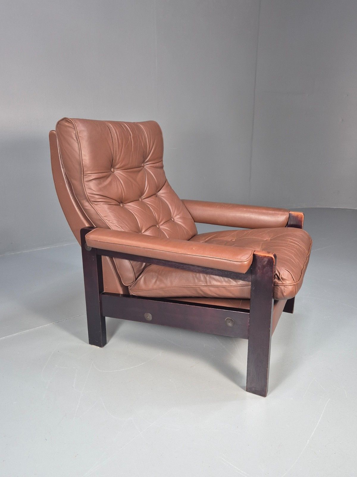 Vintage Danish Hardwood And Brown Leather Lounge Chair 1970s Retro Eb10322 Mnor photo buy