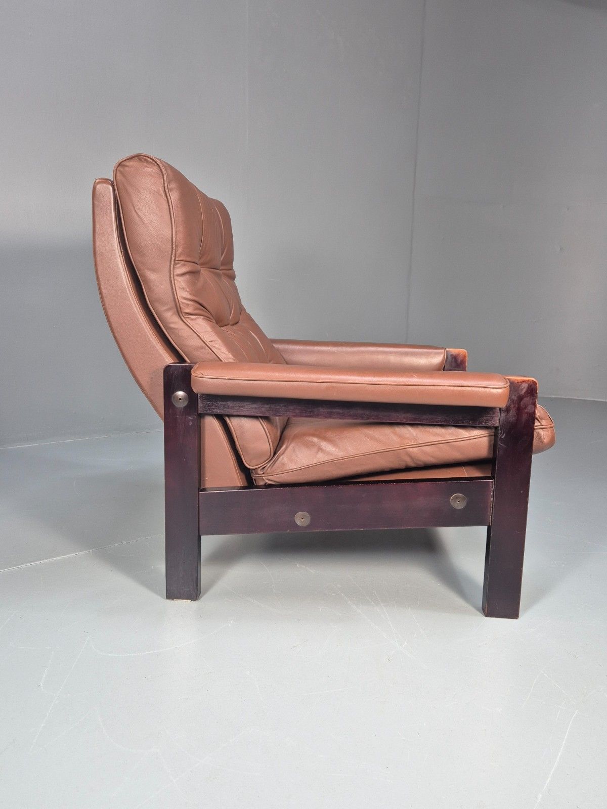 Vintage Danish Hardwood And Brown Leather Lounge Chair 1970s Retro Eb10322 Mnor photo vintage