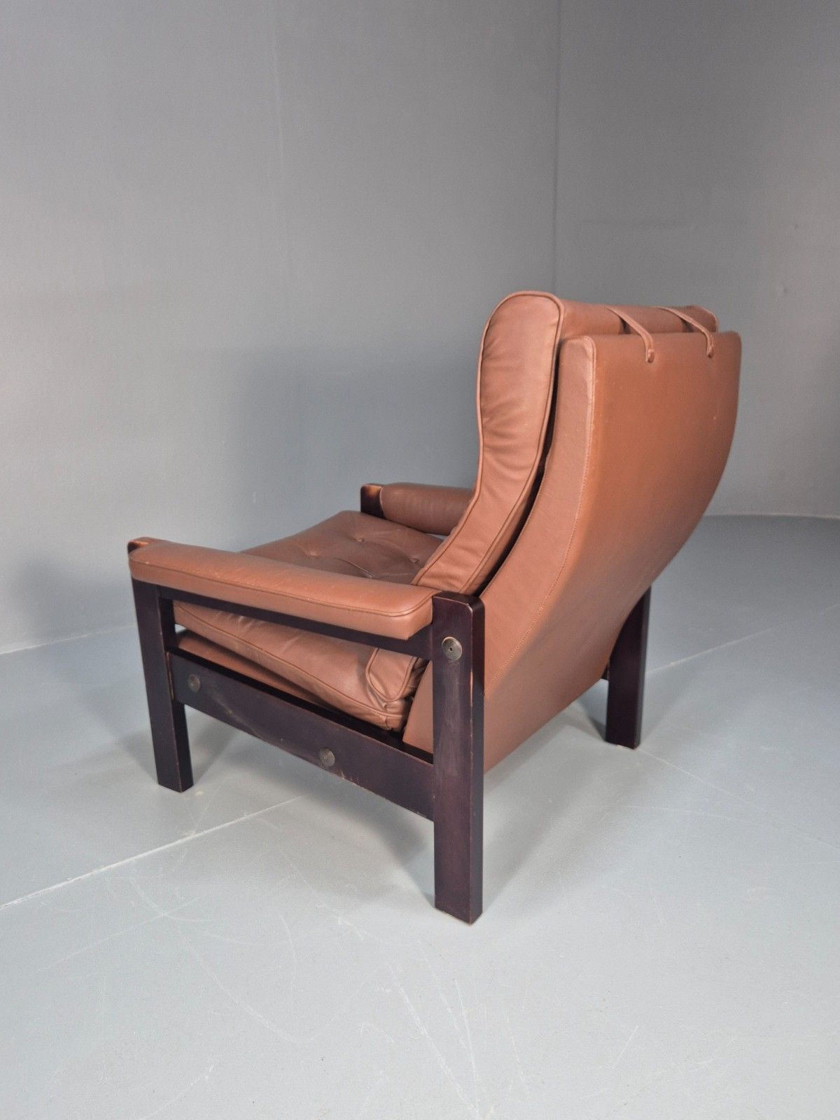 275.0 Vintage Danish Hardwood And Brown Leather Lounge Chair 1970s Retro Eb10322 Mnor photo