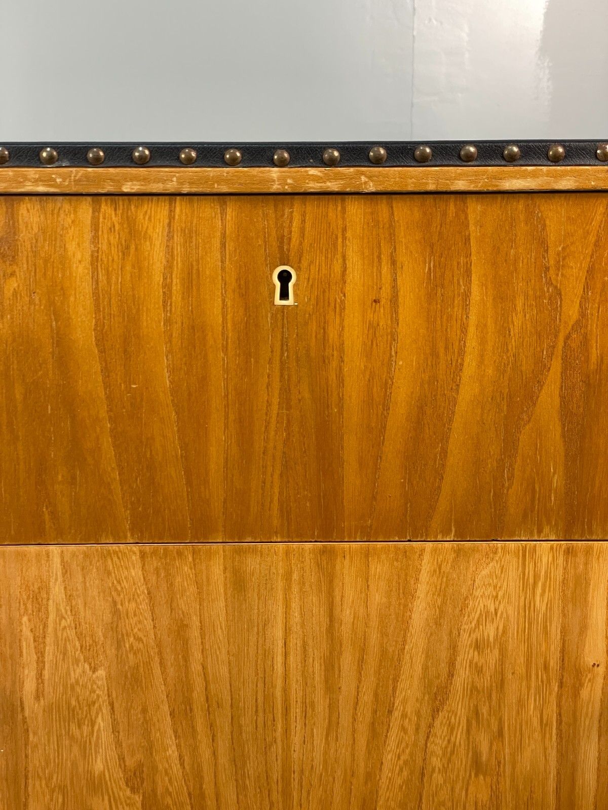 Vintage Bedside Cabinet Oak Studded Vinyl 1950s Mid Century Drawers Eb7954 Mwoo photo vintage