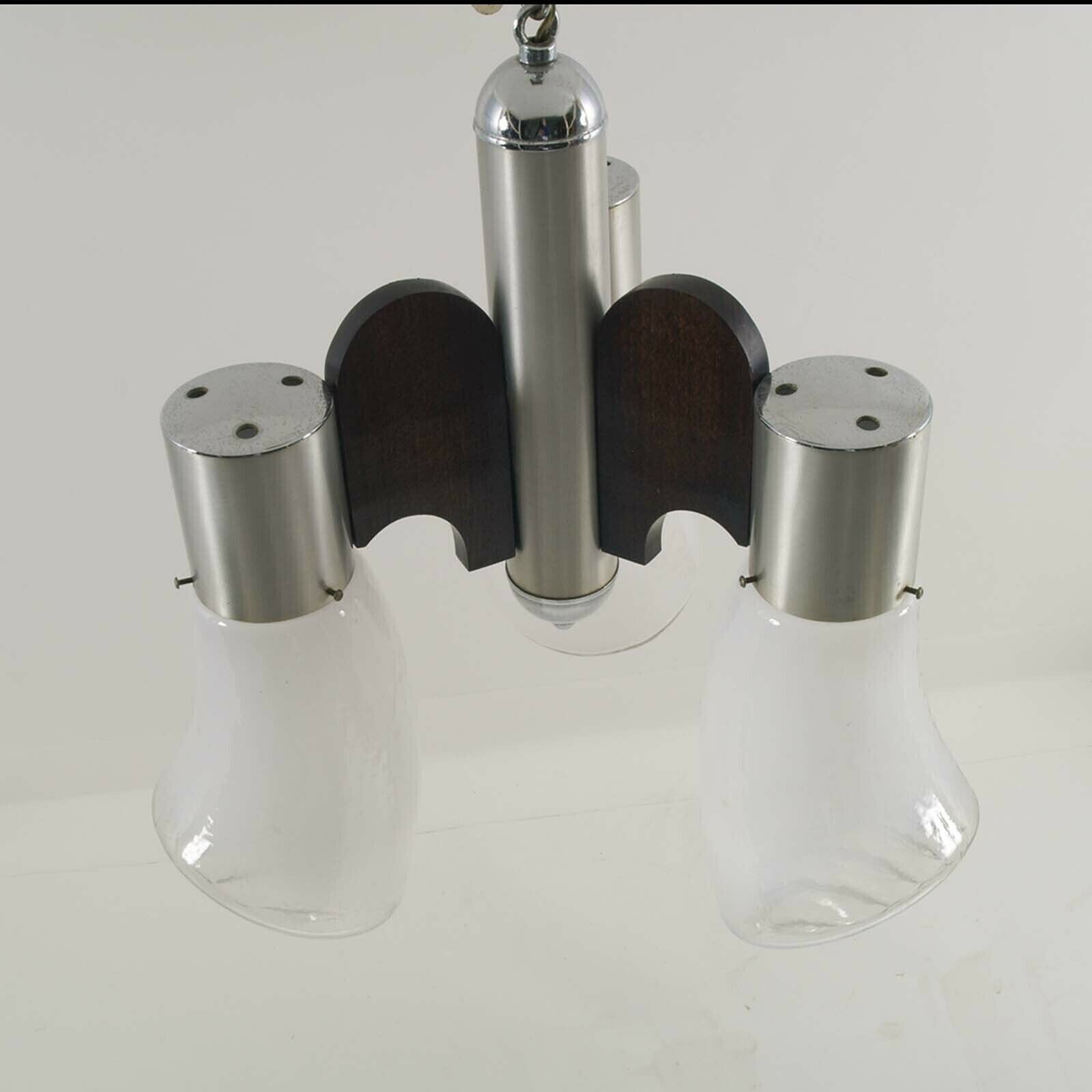 Stainless Steel & Wood Pendant  By Gaetano Sciolari For Mazzega, Murano Glass photo furniture