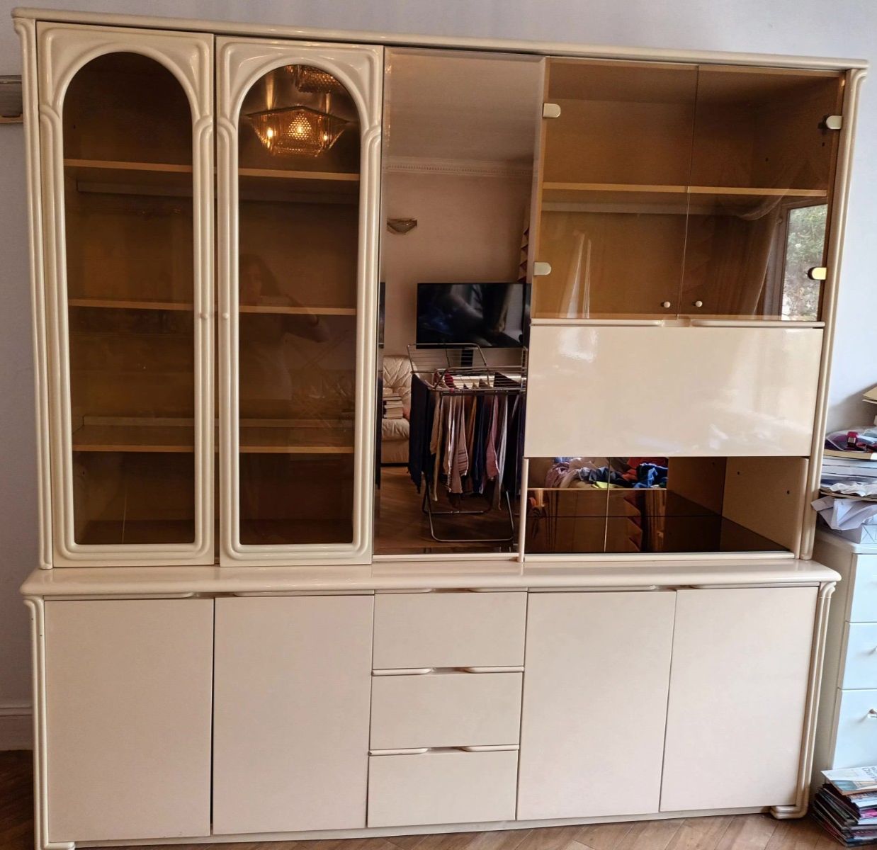 Spectacular Cream 80s Lacquer Italian Wall Cabinet With Bronzed Glass & Lights photo furniture