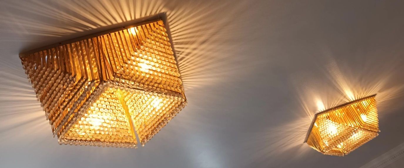 Spectacular Pair Of Pentagonal Crystal, Copper Mid Century Modern Chandeliers