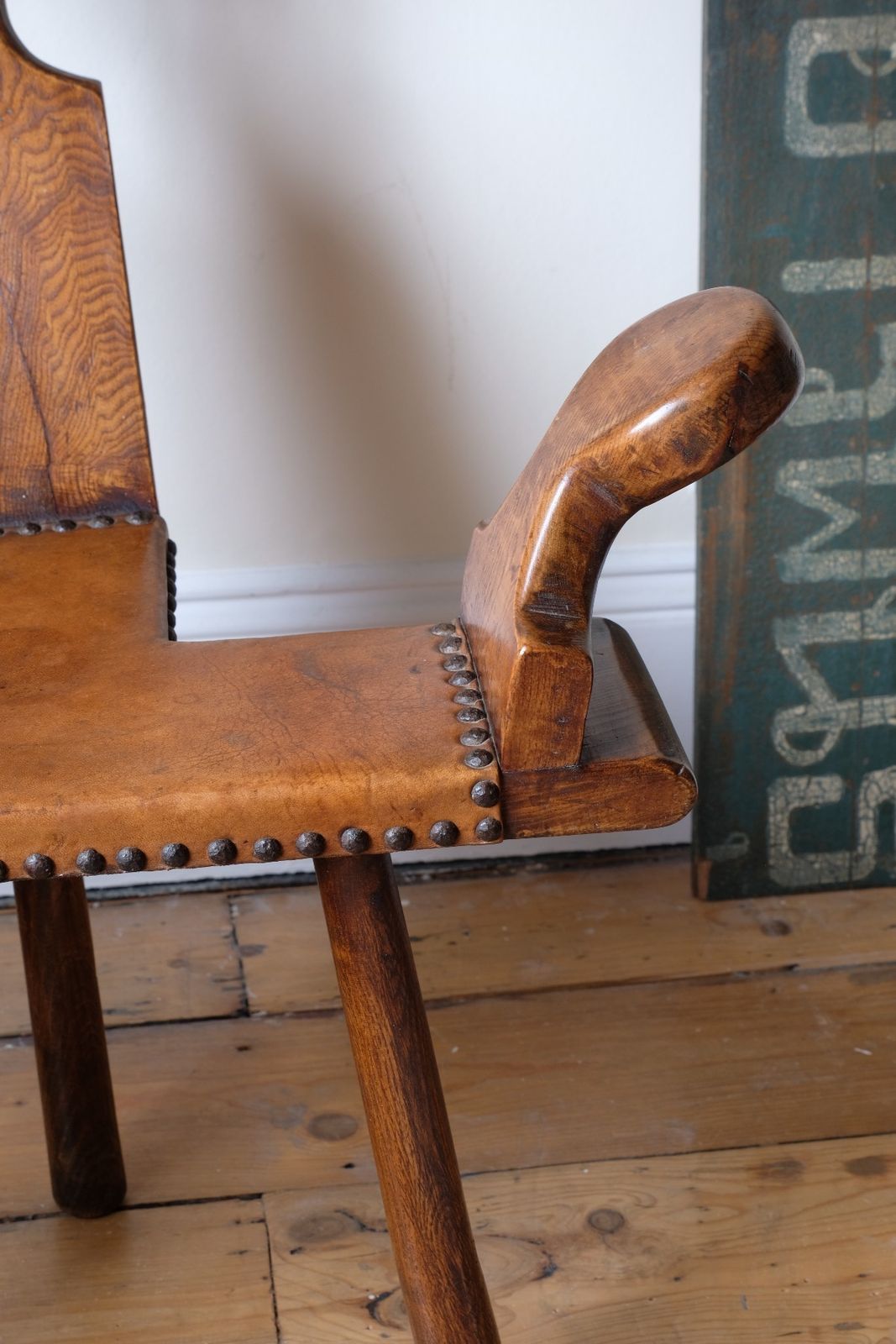 photo for sale 1950s Spanish Brutalist Elm And Leather Chair – Primitive Sculptural Design