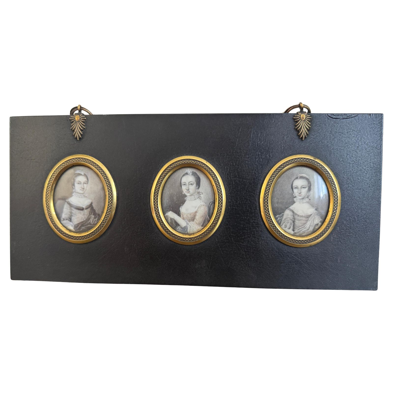 18th Century Framed Set Of Three Plumbago Portrait Miniatures