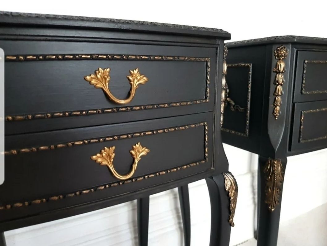 A Pair Of Vintage French Style Painted Bedside Tables, Black & Gold. photo for sale