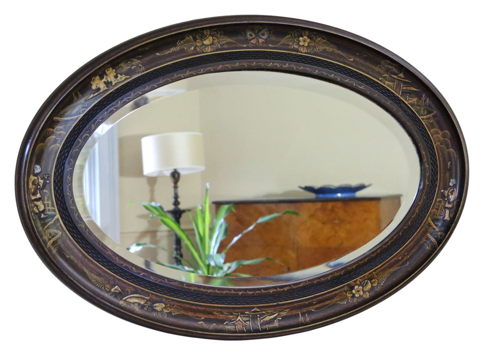 Antique C.1915 Chinoiserie Oval Overmantle Wall Mirror – Quality Decorated Hardwood Frame photo furniture