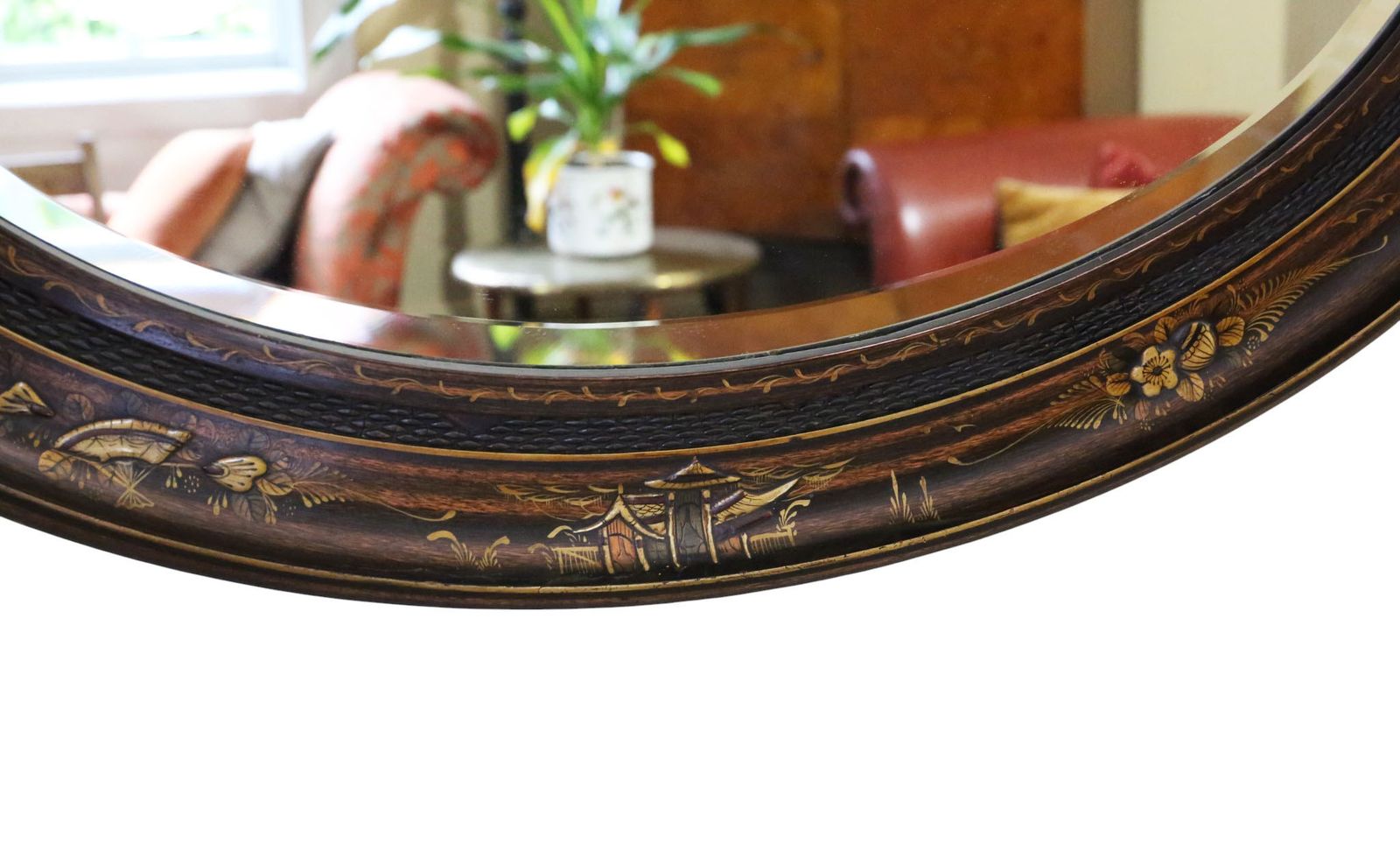 Antique C.1915 Chinoiserie Oval Overmantle Wall Mirror – Quality Decorated Hardwood Frame photo vinterior