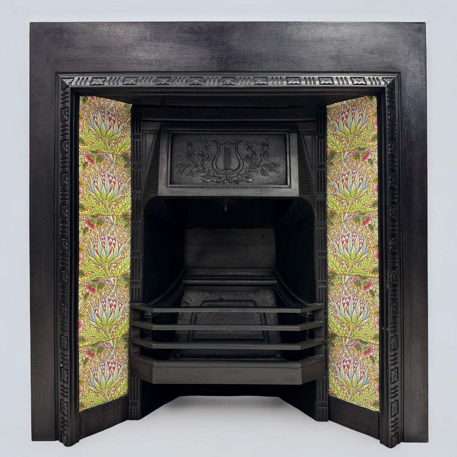 Antique Victorian Cast Iron Floral Tiled Fireplace Insert