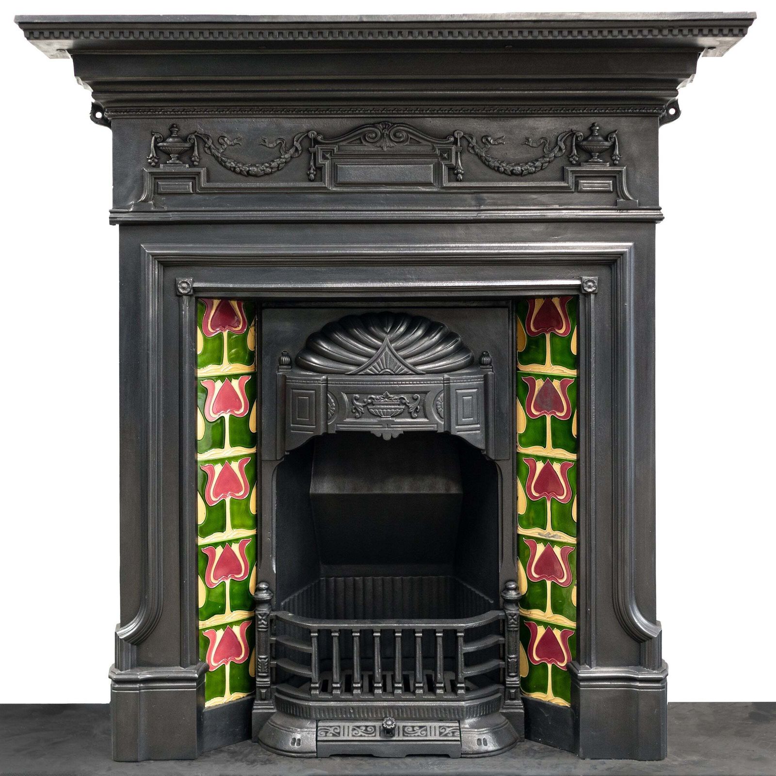 Antique Art Nouveau Combination Fireplace With Green & Red Tiles