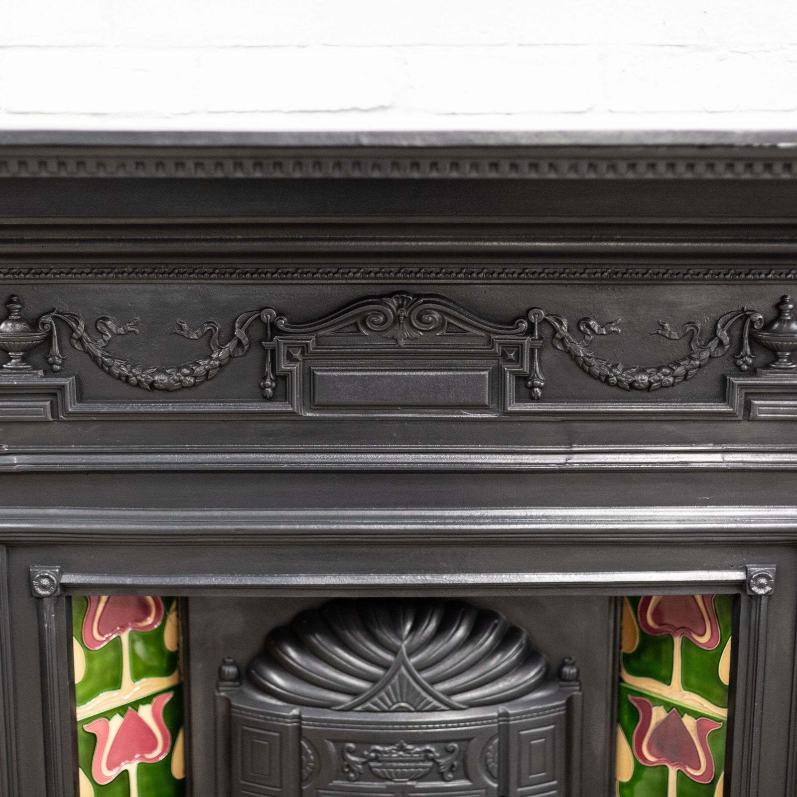 Antique Art Nouveau Combination Fireplace With Green & Red Tiles photo Home Fixtures