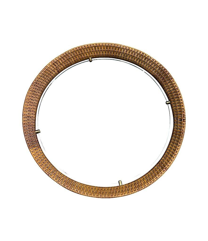 A Circular 1950s Italian Woven Rattan Mirror By Cantu, Roma With Brass Detail