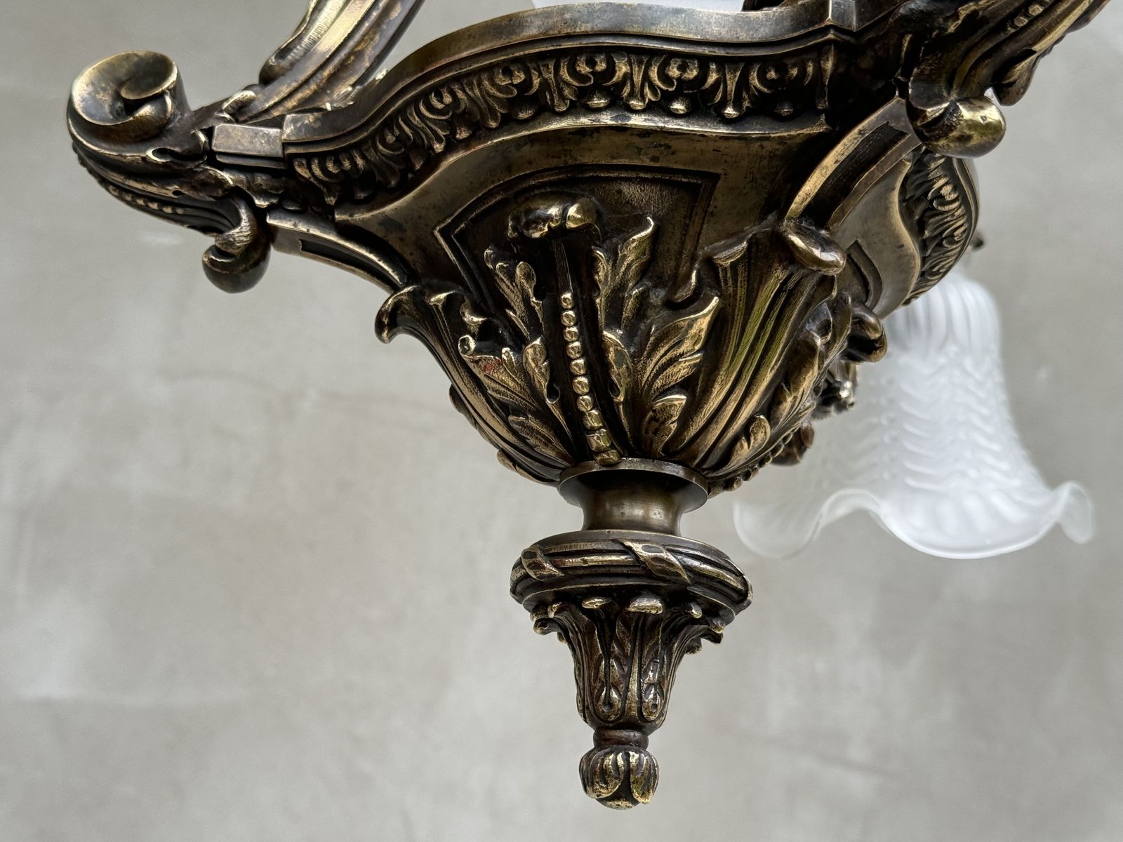 Lighting Antique French Brass Chandelier With Frosted Glass Tulip Shades, Rococo Revival, Early 20th Century photo