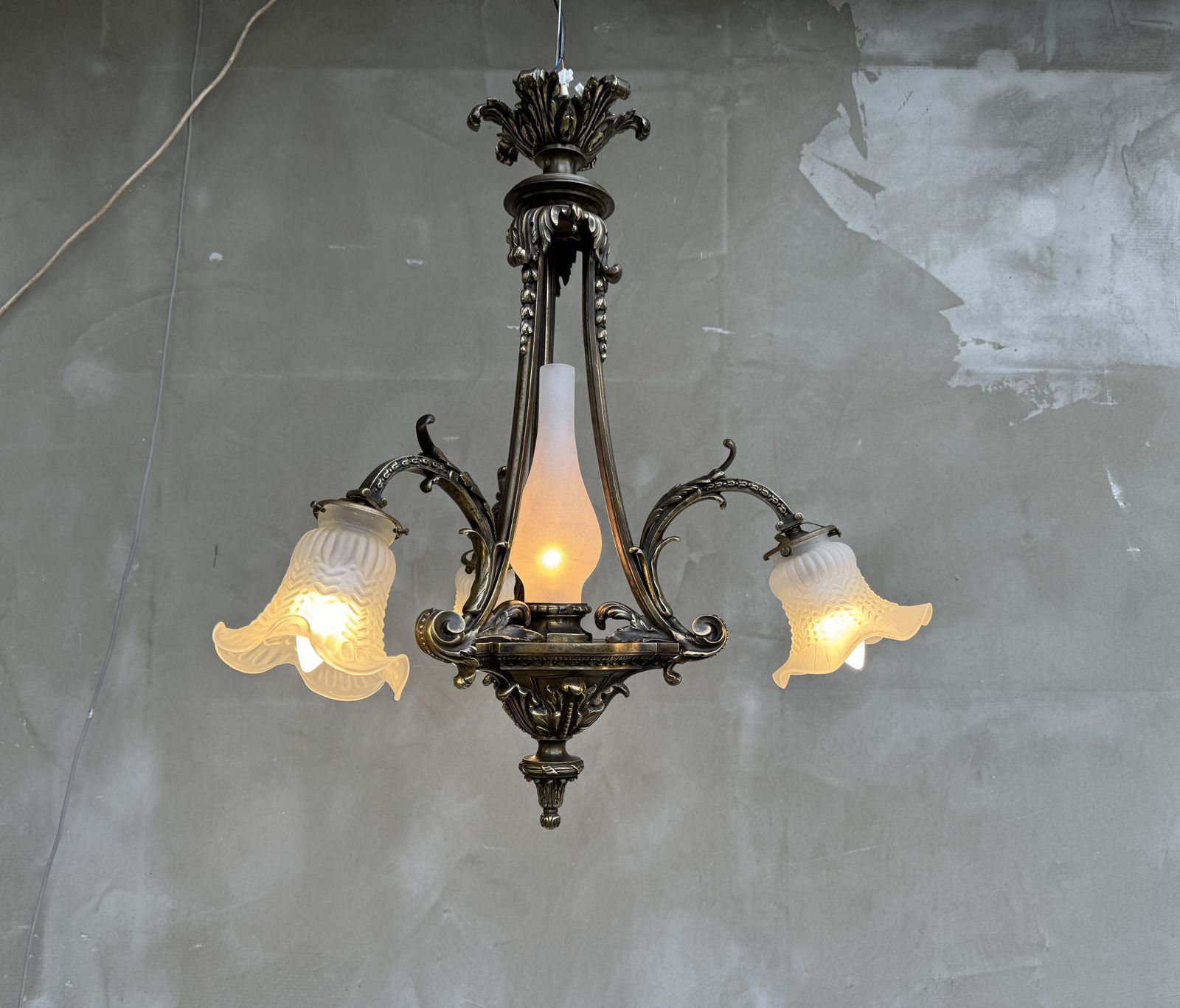 Antique French Brass Chandelier With Frosted Glass Tulip Shades, Rococo Revival, Early 20th Century