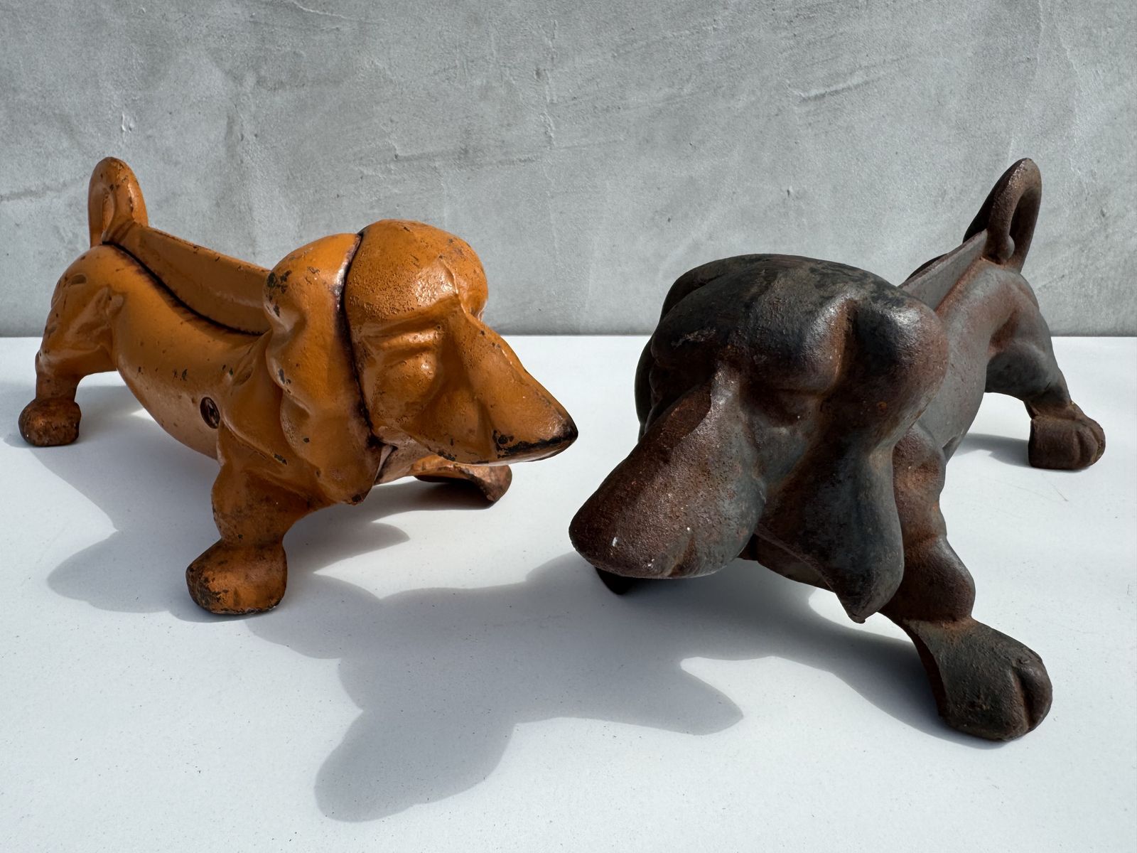 Pair Of Antique Cast Iron Dachshund Boot Scrapers, English Country House Door Stops, C.1900–1920