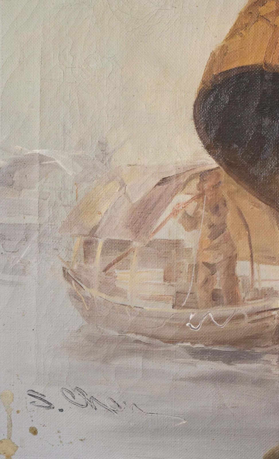 Elderly Fisherman In Straw Hat By S. Chen Painting photo 1037.0