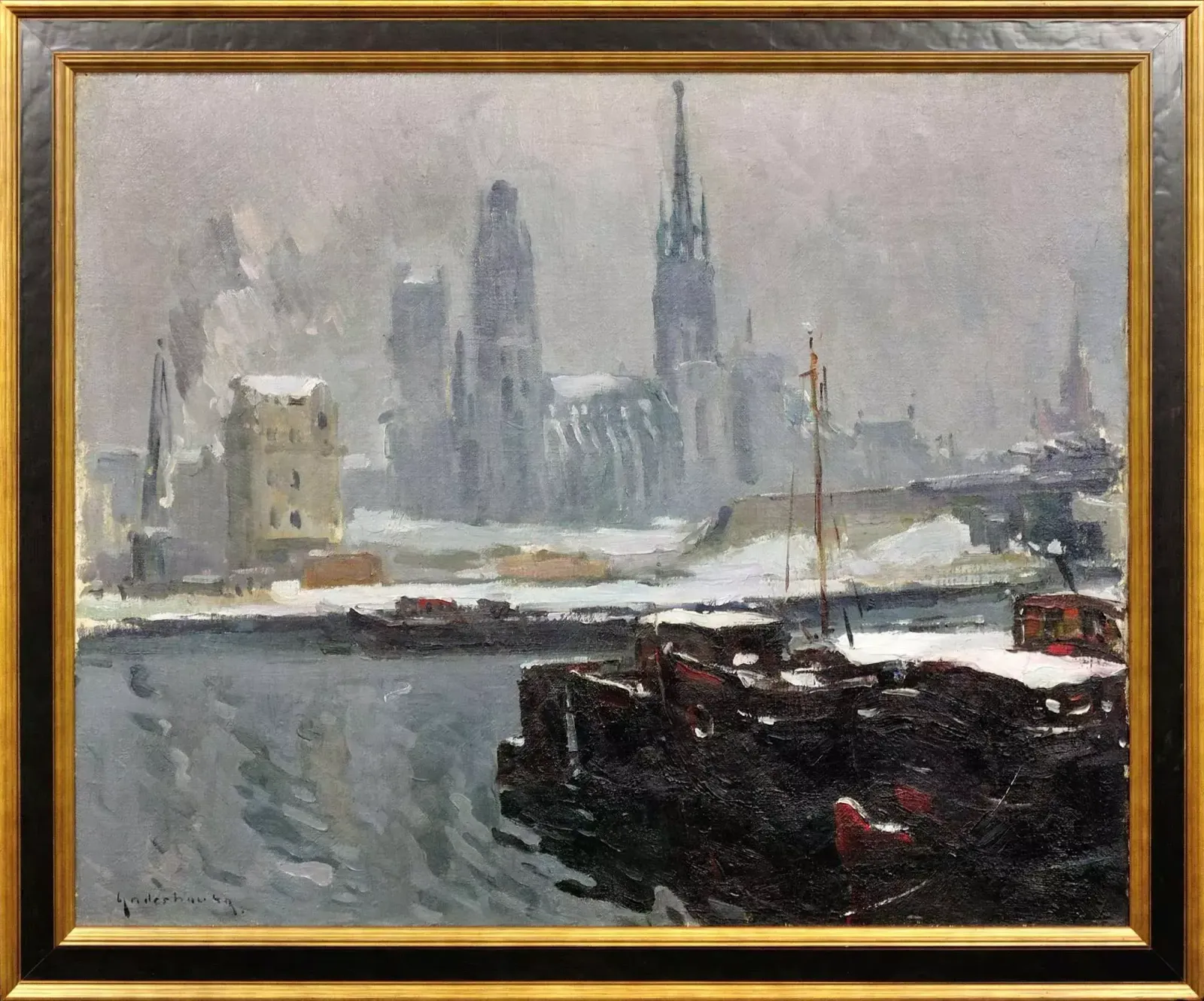 Paul   Jean Anderbouhr 1909 To 2006. The Agony Of Rouen, Normandy 1944. World War 2 France D Day Allied Aerial Bombing. Framed Wartime Oil Painting.