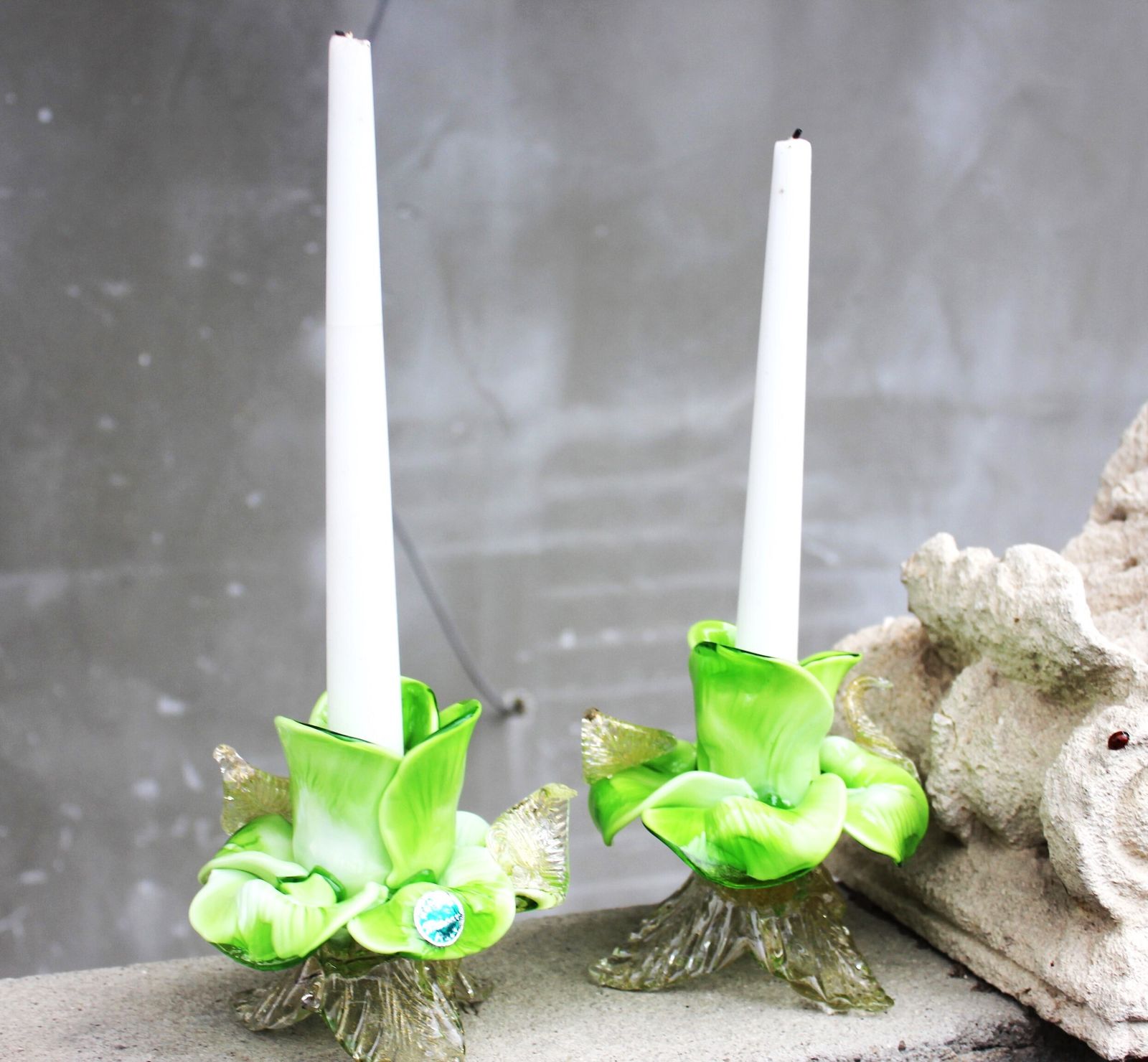 photo for sale Pair Of Green Murano Glass Flower Candle Holders With Gold Aventurine, Italy C.1970s