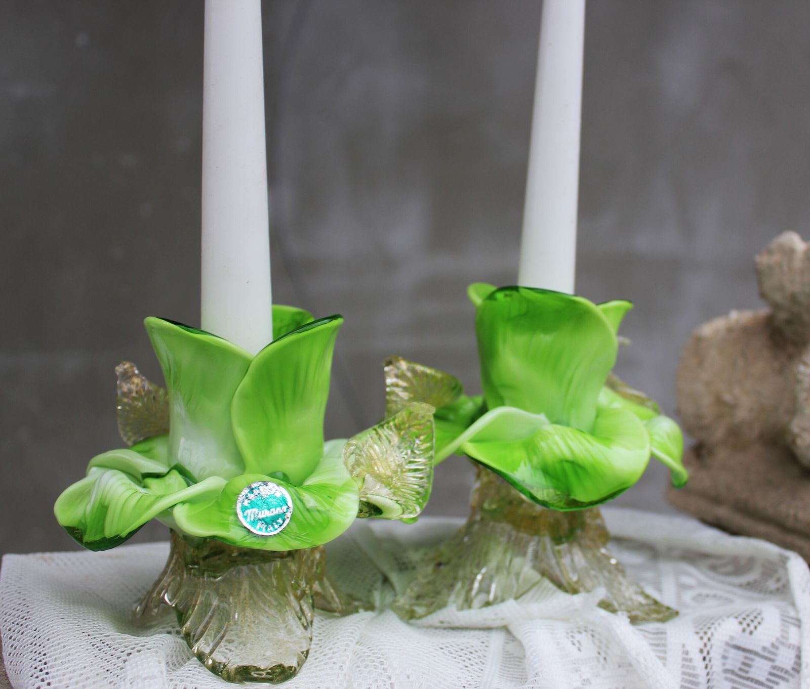 photo vinterior Pair Of Green Murano Glass Flower Candle Holders With Gold Aventurine, Italy C.1970s