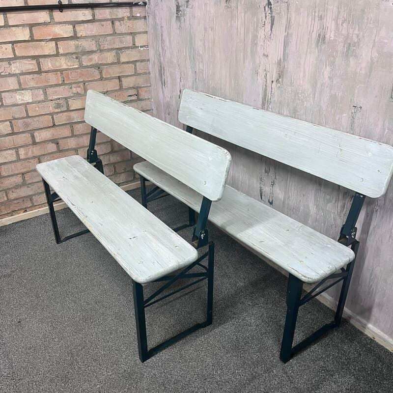 Folding Garden Camping Benches With Backs White Green Metal Frames Hospitality photo for sale