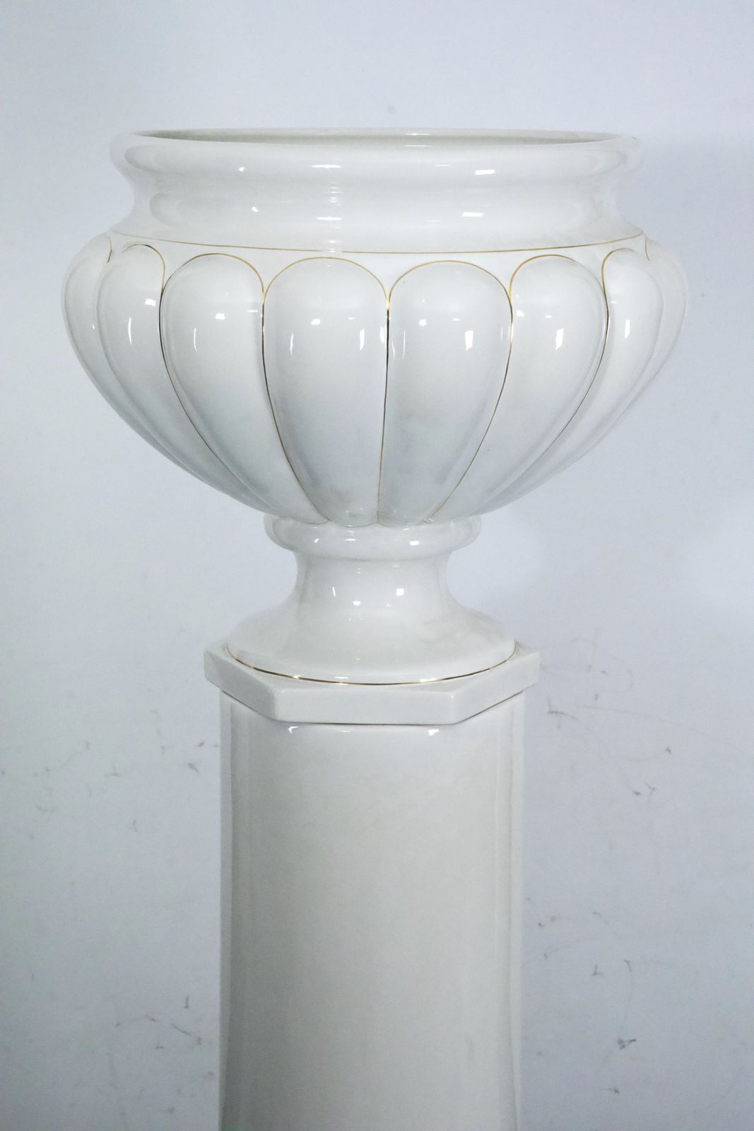 Tommaso Barbi Oversized White Ceramic Vase With Gold Details And Column, Italy, 1970s photo vintage