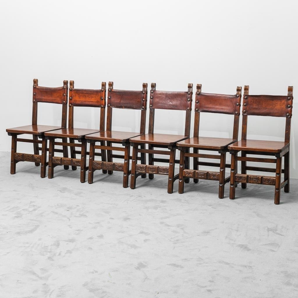Set Of 6 Brown Wood And Leather Dining Chairs Late 19th Century