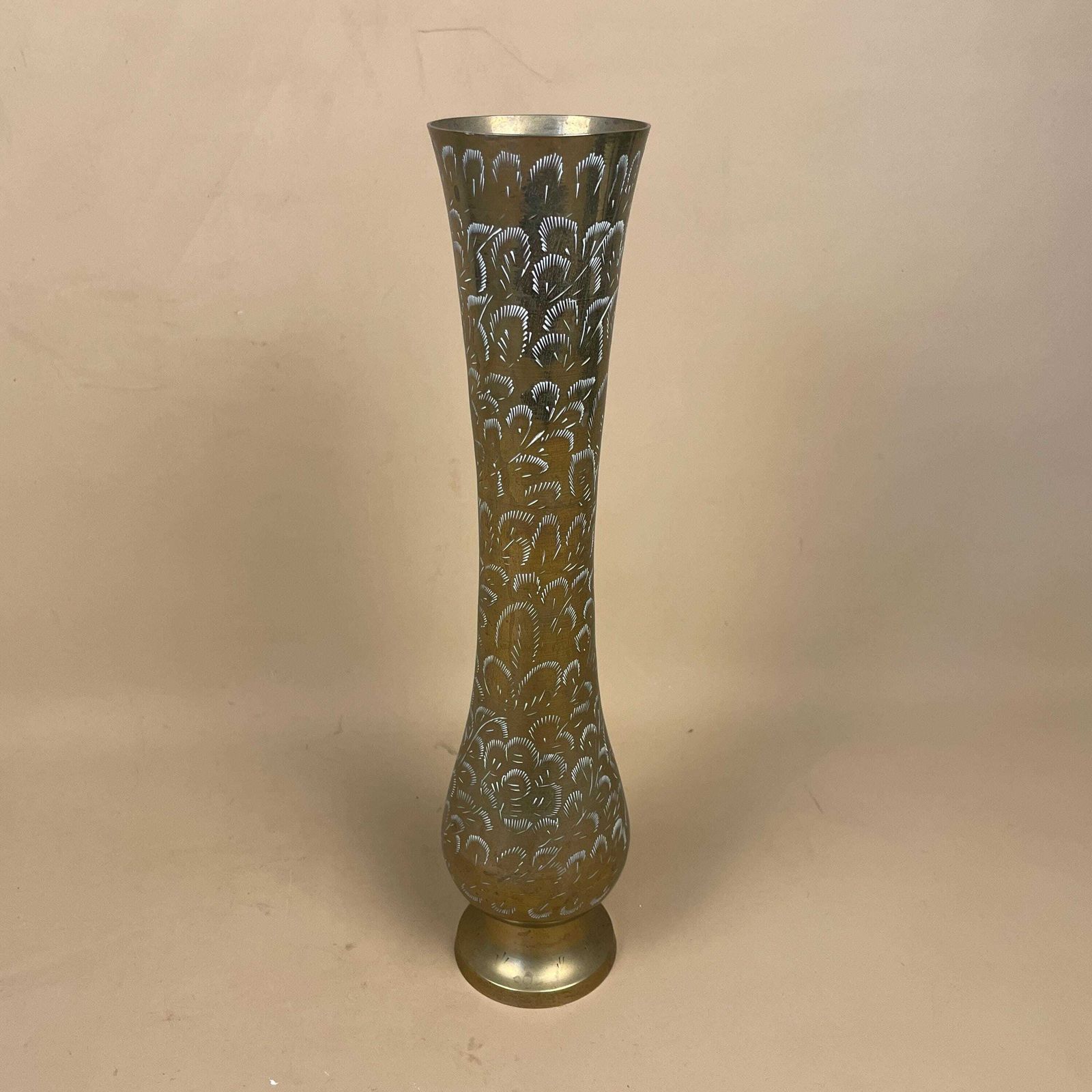 Antique Metal Gold Indian Patterned Brass Vase Pot Planter Jardiniere Handmade Engraved Etched Intricate Vintage Decorative Tall Funnel photo vinterior