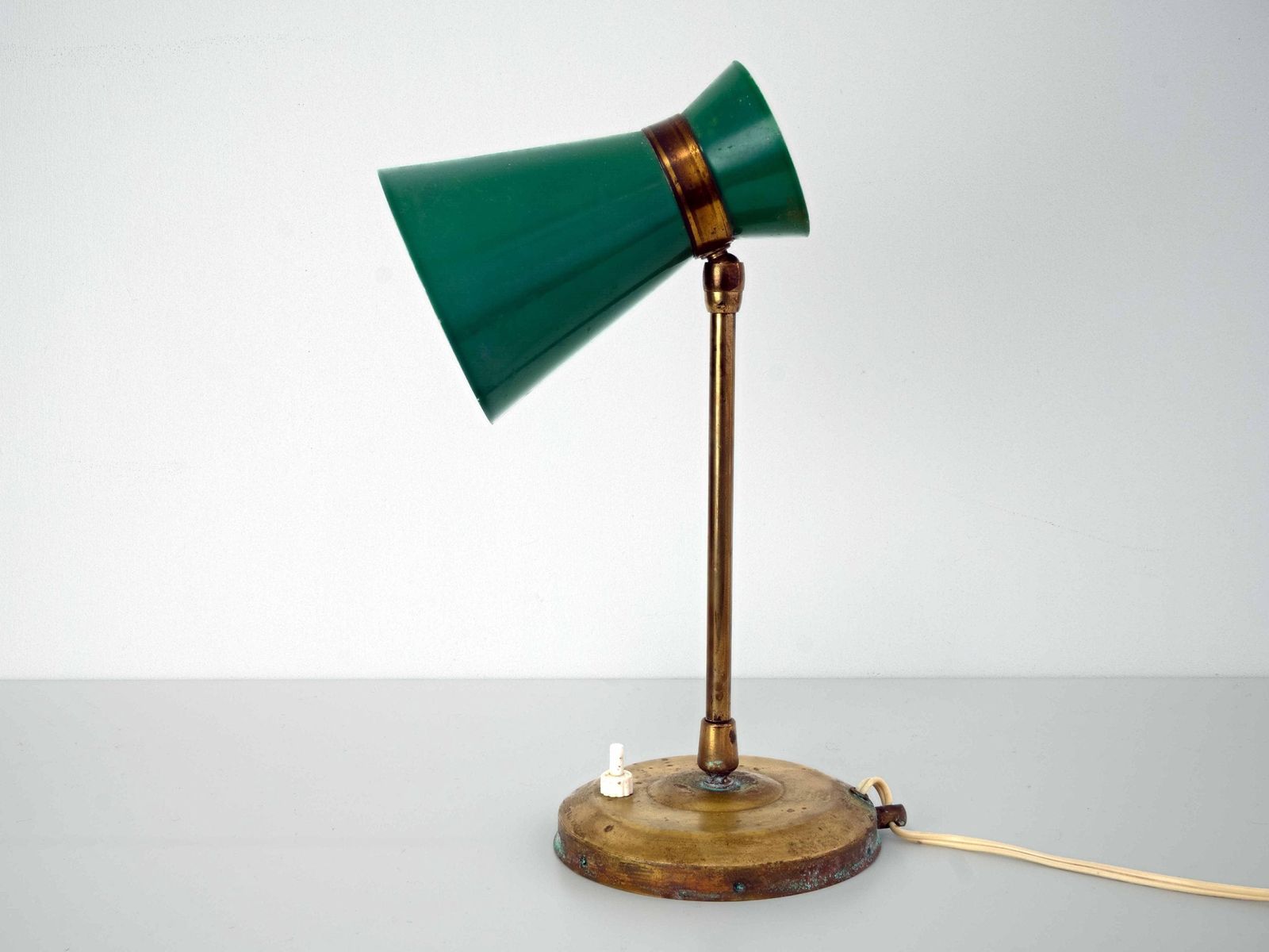 Vintage French Brass Desk Lamp With Green Lampshade: Adjustable Neck Mid Century Modern Lighting 1950s photo for sale