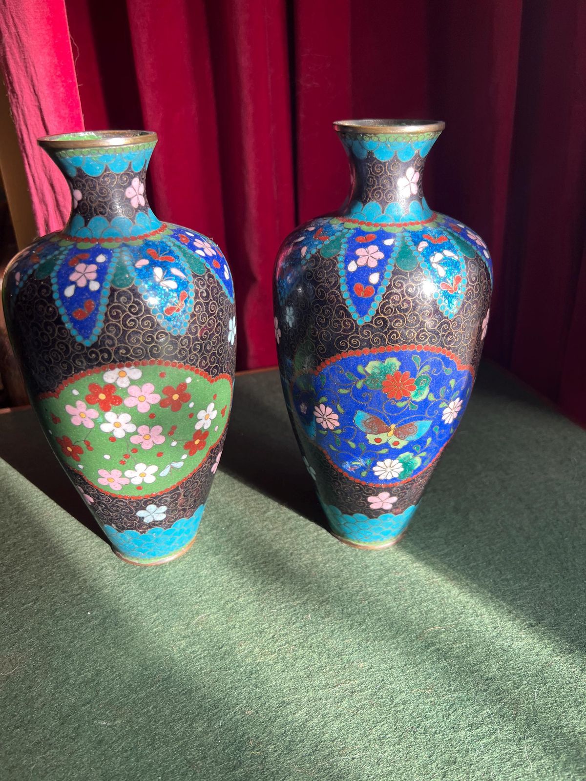 Pair Of Vintage Antique Cloisonne Vases. Matching Pair With Intricate Flowers And Butterflies. Sold As Pair Happy To Separate. photo for sale