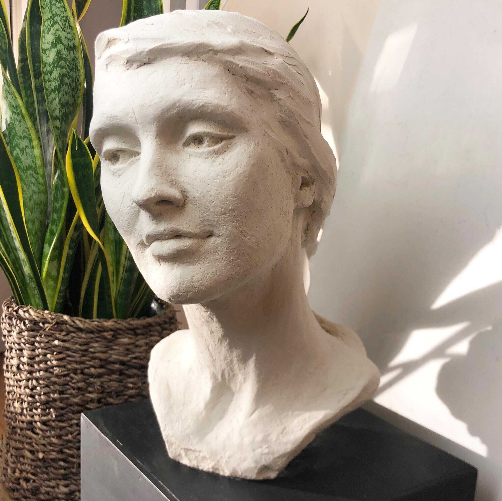 photo for sale Vintage Life Size Female Head Sculpture On Black Wood Plinth White Plaster Bust Womans' Head Sculpture Art Studio Plaster Female Head Study