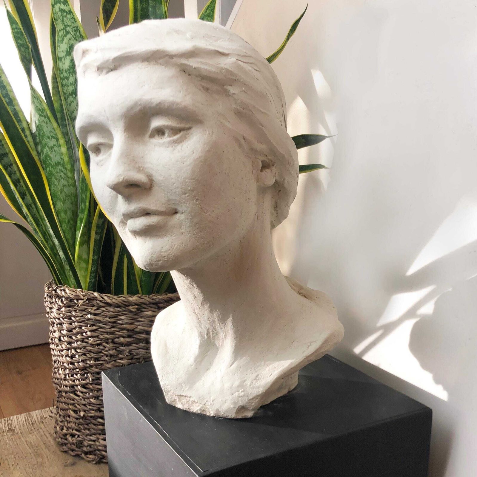 photo buy Vintage Life Size Female Head Sculpture On Black Wood Plinth White Plaster Bust Womans' Head Sculpture Art Studio Plaster Female Head Study