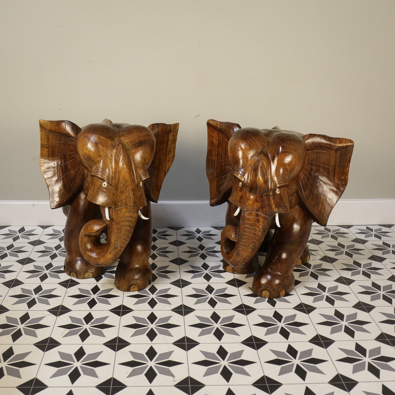 A Pair Of Large Teak Elephants Mid Century 57cm 22.5inches High photo Art
