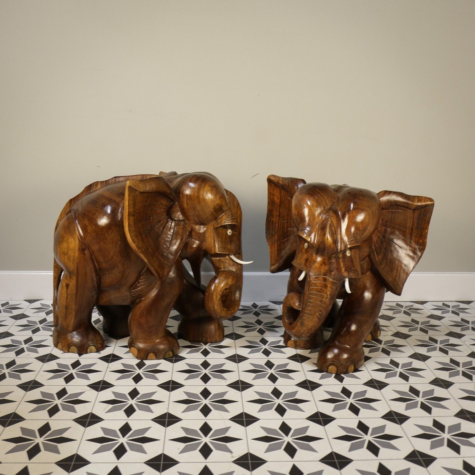 A Pair Of Large Teak Elephants Mid Century 57cm 22.5inches High photo 695.0