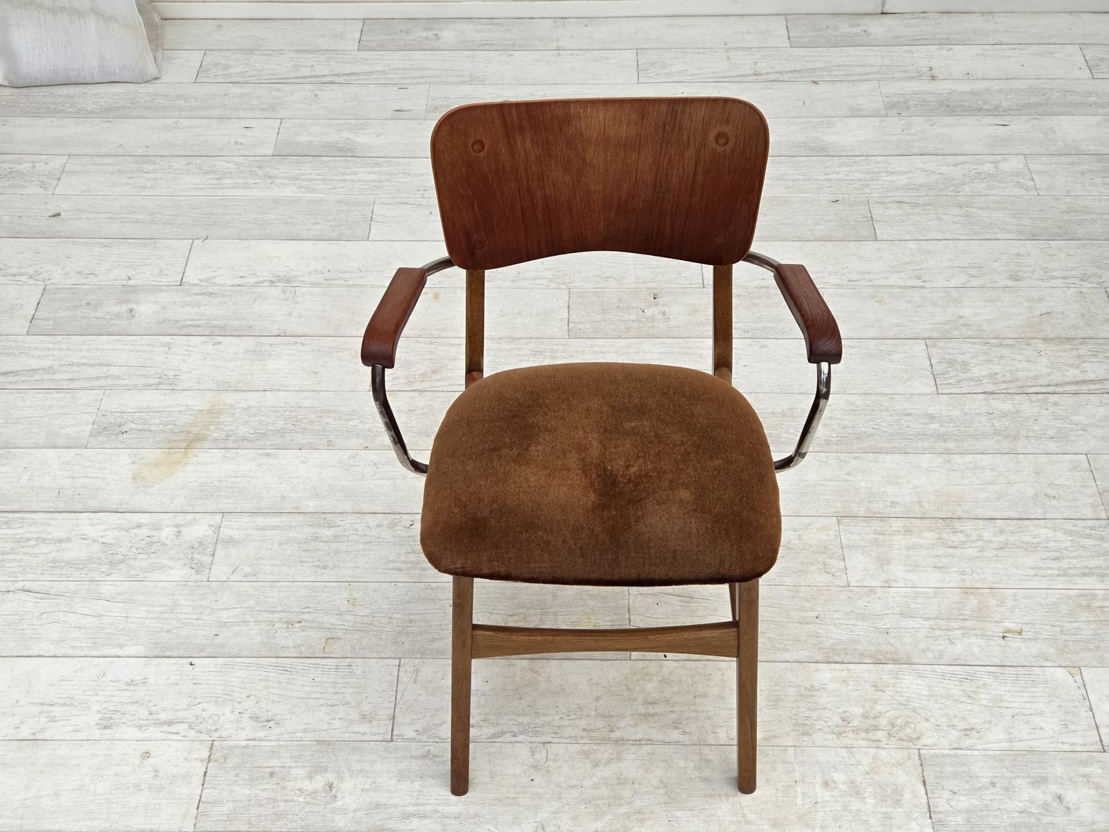 1960s, Danish Armchair, Furniture Velour, Teak Wood Armrests, Chrome Steel. photo vinterior