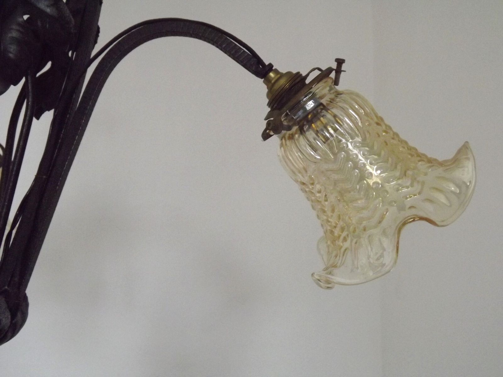 photo furniture French Art Nouveau Leaf Detail Iron 3 Light Chandelier Amber Glass Shades 4001