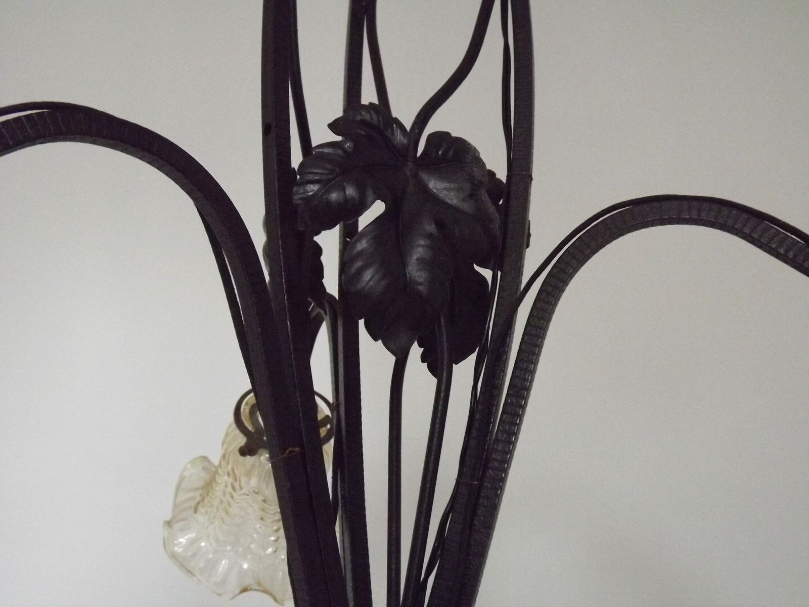 Lighting French Art Nouveau Leaf Detail Iron 3 Light Chandelier Amber Glass Shades 4001 photo