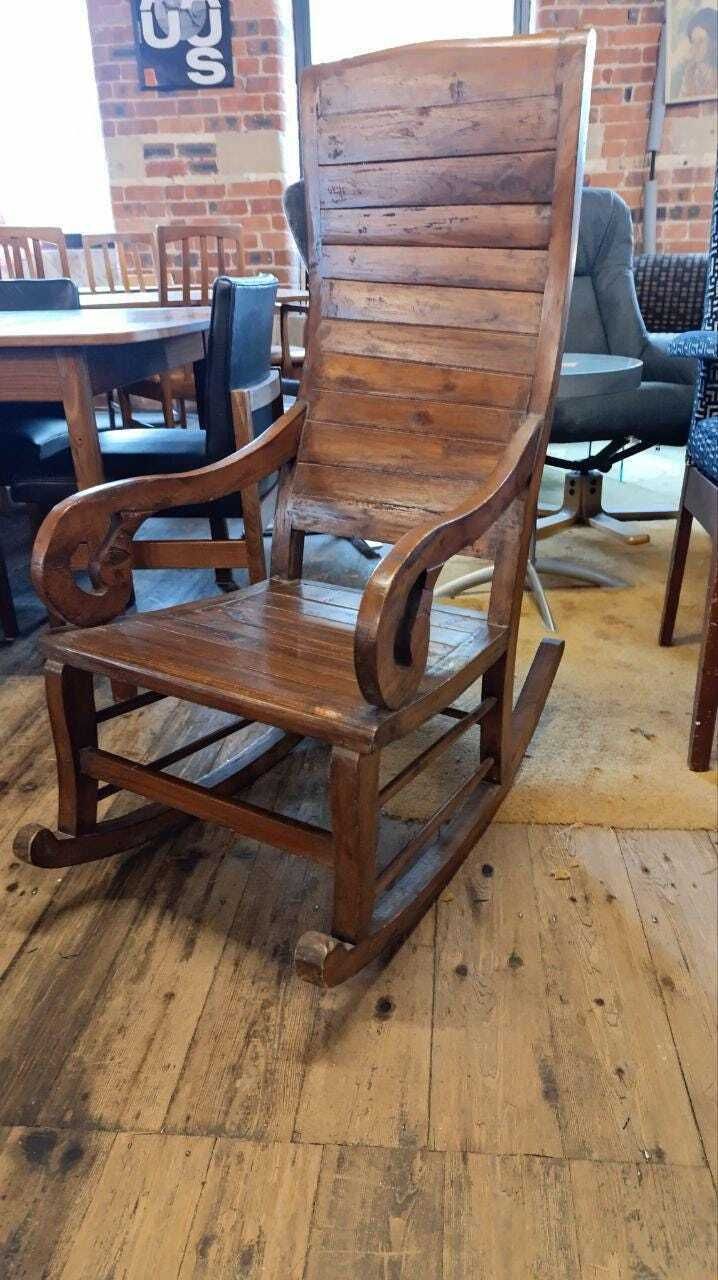 Hand Carved Teak Rocking Chair – Rustic Colonial Revival Style