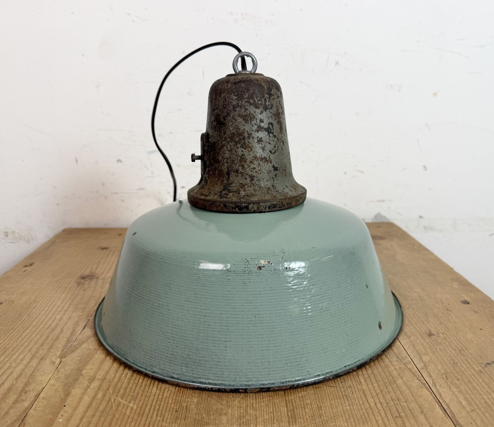 Industrial Petrol Enamel Factory Lamp With Cast Iron Top, 1960s photo 219.0