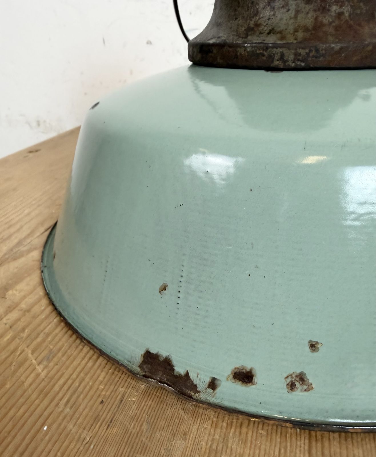 Industrial Petrol Enamel Factory Lamp With Cast Iron Top, 1960s photo buy