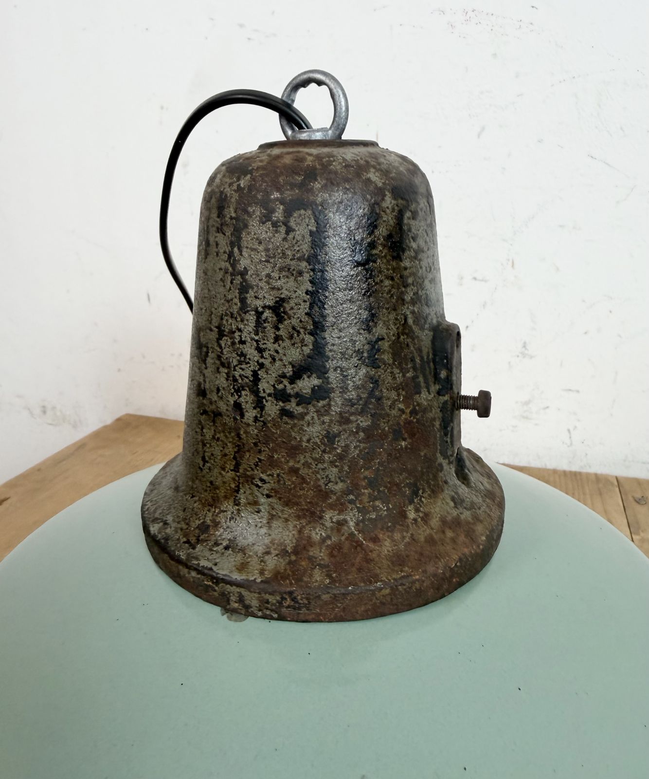 photo for sale Industrial Petrol Enamel Factory Lamp With Cast Iron Top, 1960s