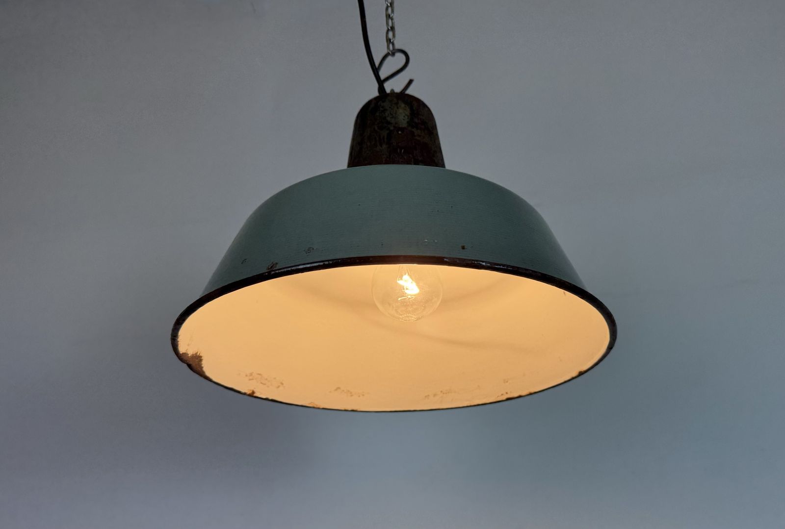 photo buy Industrial Petrol Enamel Factory Lamp With Cast Iron Top, 1960s