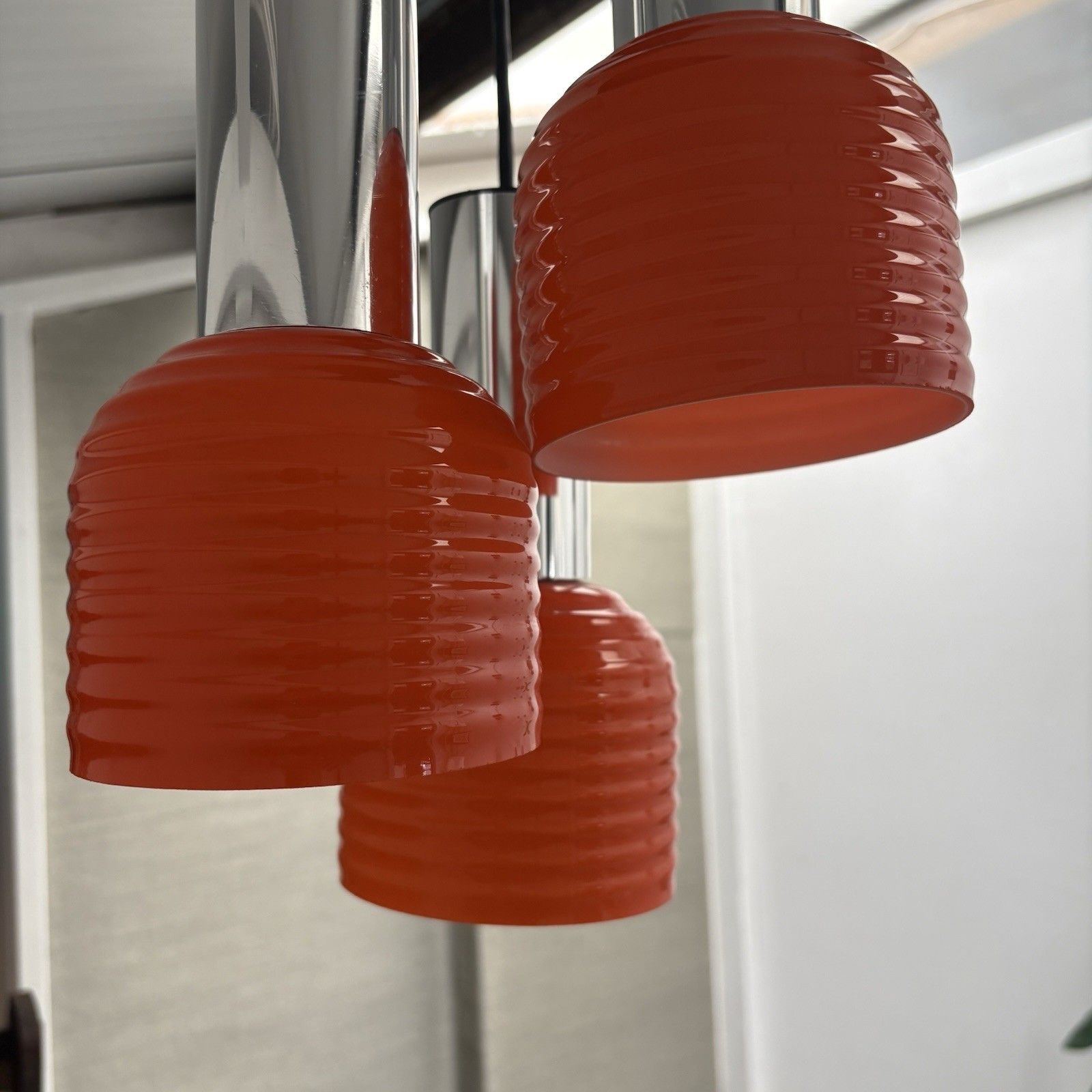 A Vintage 1960s Atomic Thorn Atlas Orange Ribbed Glass & Chrome Pendant Lights photo furniture